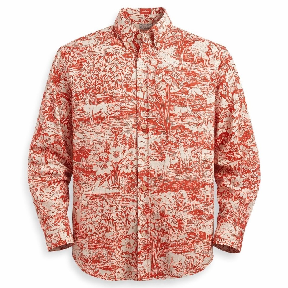 Vintage Men's Button Up Shirt Large Red Toile Novelty Scenic Print Long Sleeve